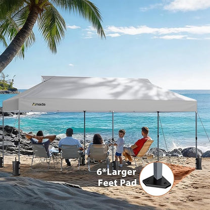 Amada 20x10 Pop Up Canopy Tent - Center Lock One Push Commercial Instant Canopies with 3-Height Adjustable & Wheeled Bag, 12 Stakes 6 Sandbags 6 Ropes, Great for Trade Shows, Events (20x10ft, White)