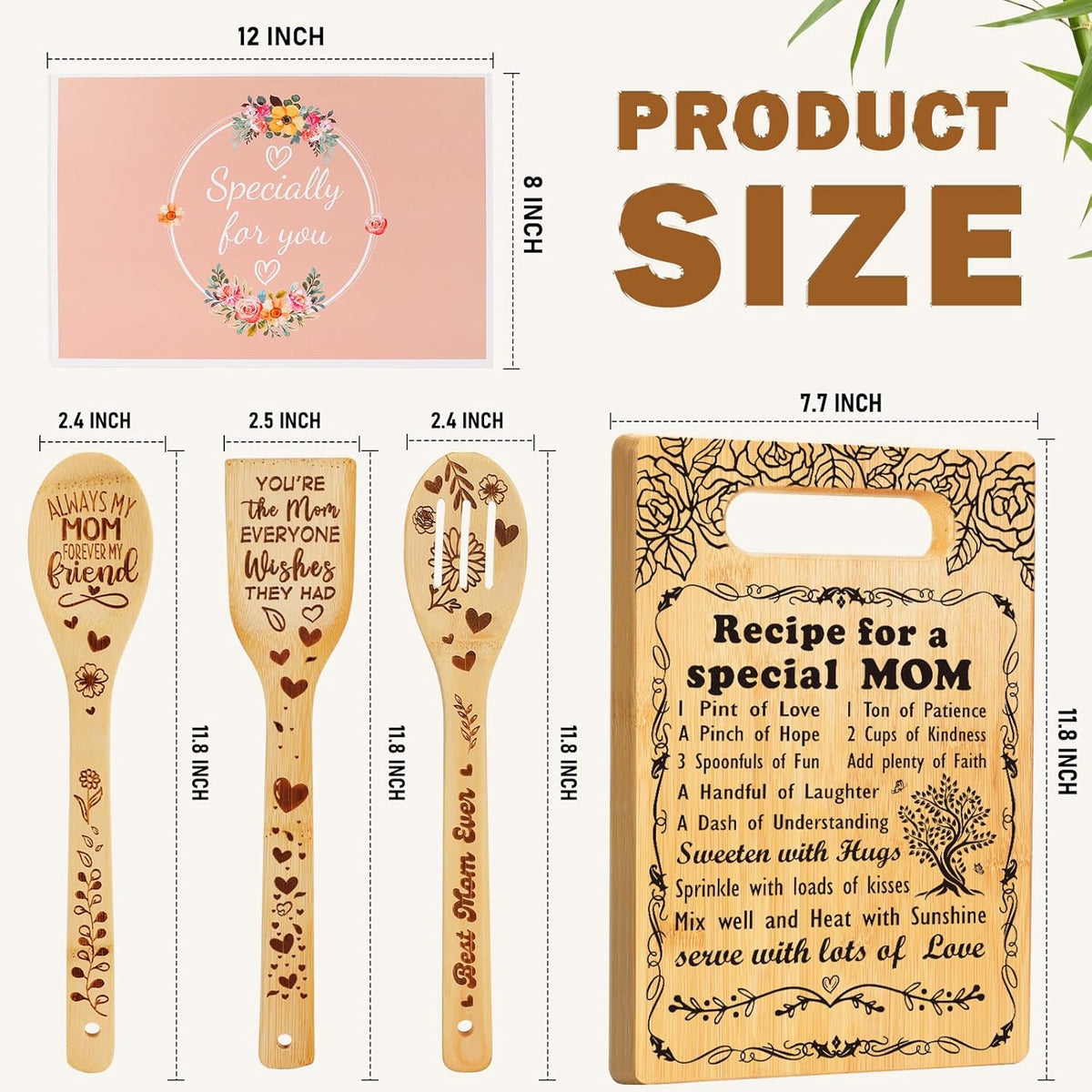 Birthday Gift for Mom, Recipe for a Special Mom- Christmas Birthday Mom Gifts from Daughter Son Cutting Board Set, Engraved Utensil Best Mom Ever Gifts Ideas Mom Gifts for Mother New Mom Step Mom