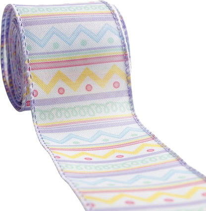 Meseey 2.5 Inch x 10 Yards Pastel Easter Chevron Wired Ribbon, Colorful Zigzag Wired Edge Ribbon for Easter Wreaths, Gift Wrapping, Easter Baskets, Crafts, Spring Party Decorations