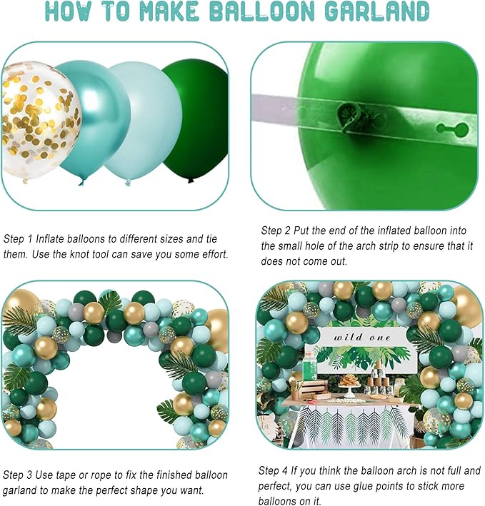Amandir 151Pcs Jungle Safari Balloon Garland Kit, Metallic Green Gold Tropical Balloons Arch Artificial Palm Leaves for Animal Dinosaur Two Wild One Birthday Decoration