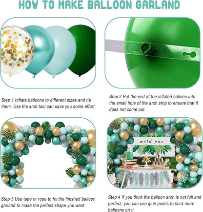 Amandir 151Pcs Jungle Safari Balloon Garland Kit, Metallic Green Gold Tropical Balloons Arch Artificial Palm Leaves for Animal Dinosaur Two Wild One Birthday Decoration