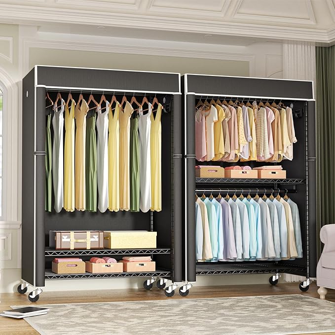 FUTASSI Black Clothing Rack with Black Cover, P1C Plus Rolling Closet with Wheels, Metal Garment Rack for Hanging Clothes, Clothing Storage Wardrobe, 46" W x 18.5" D x 80.7" H, Load 524 Pounds