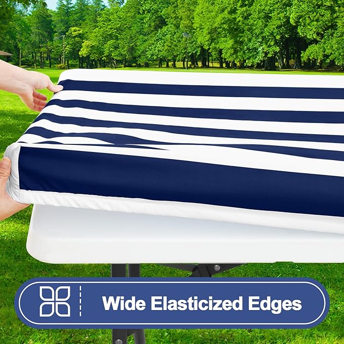 Smiry Picnic Table Cover with Bench Covers, Waterproof Elastic Fitted Tablecloth for 6 Foot Tables, Washable Polyester Tablecloths for Camping, Indoor & Outdoor (Navy Stripe, 30x72 Inch 3-pc Set)