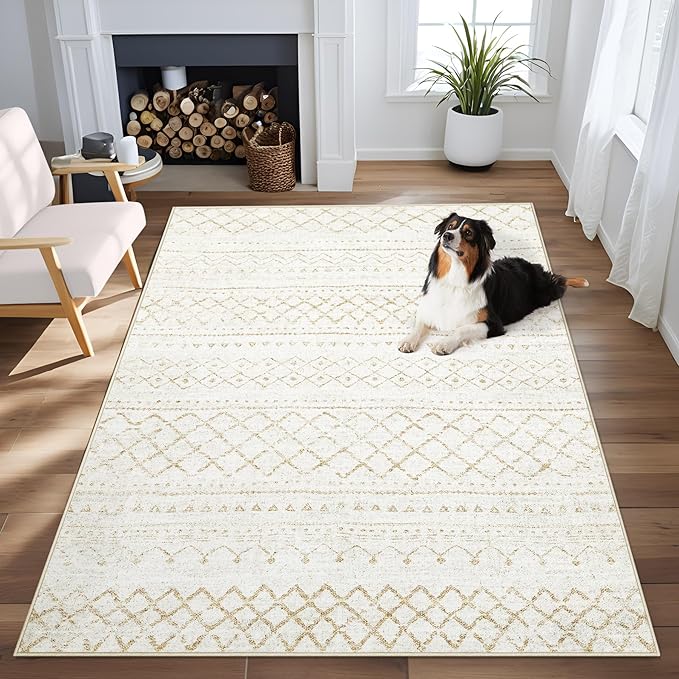 Area Rug 3x5 Geometric Rug: Washable Boho Moroccan Rugs Soft Farmhouse Rug, Modern Neutral Stain Resistant Indoor Floor Carpet for Livingroom Bedroom Dining Table Nursery(Beige,3X5)