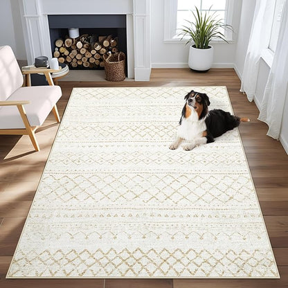 Area Rug 3x5 Geometric Rug: Washable Boho Moroccan Rugs Soft Farmhouse Rug, Modern Neutral Stain Resistant Indoor Floor Carpet for Livingroom Bedroom Dining Table Nursery(Beige,3X5)