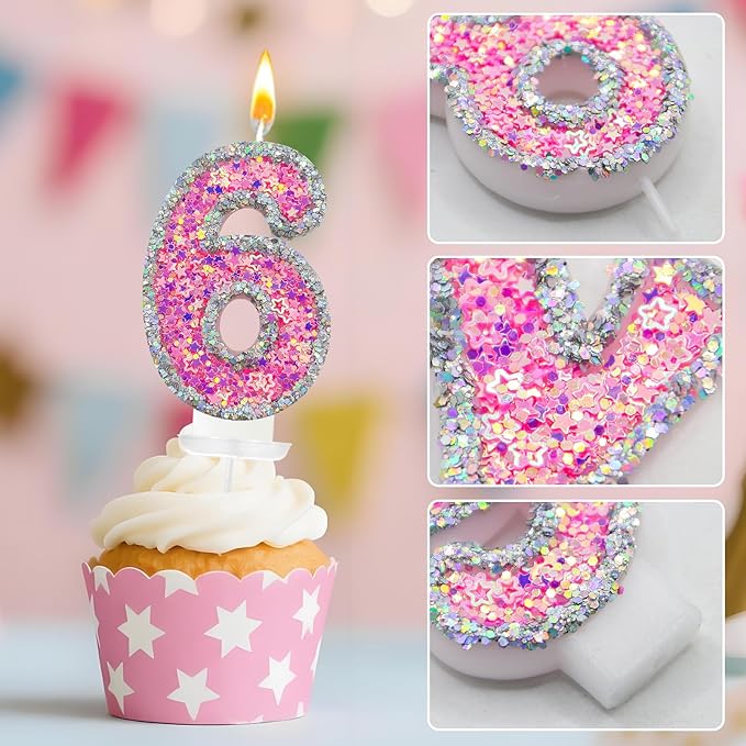 Number 6 Birthday Candle for Cake – Silver Glitter Edge with Pink Star Confetti – Decorative Number Cake Topper for Anniversary & Celebration Party Decor