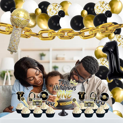 Notorious One 48 Pcs Gold Cake Toppers, Hip Hop Party Decorations for 1st Birthday Party, Premium Quality Reusable Paper Cupcake Toppers