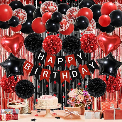 ZERODECO Red Black Birthday Party Decorations, Happy Birthday Banner Pompoms Balloon Arch Fringe Curtain Party Décor for Baby Girls Women Black and Red Party