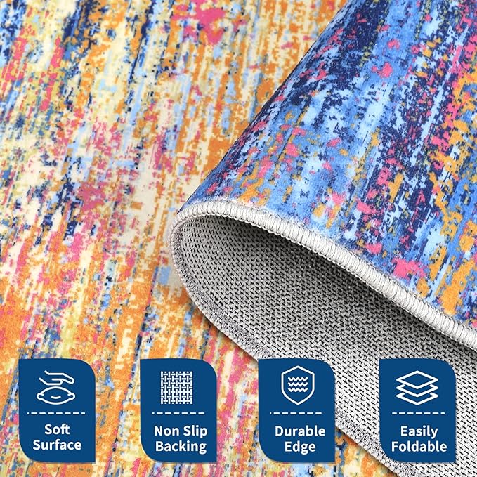 ROYHOME Modern Abstract Area Rug 4x6 Washable Rug for Living Room, Ultra Soft Rug for Bedroom, Non Slip Indoor Floor Carpet, Stain Resistant Rugs for Home Decor Office, Blue/Orange