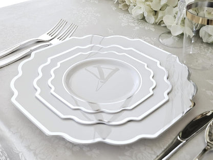 " OCCASIONS " 50 Plates Pack (25 Guests)-Heavyweight Wedding Party Disposable Plastic Plate Set -(25x10.5'' Dinner + 25x8'' Salad/Dessert) (Imperial in White & Silver Rim)