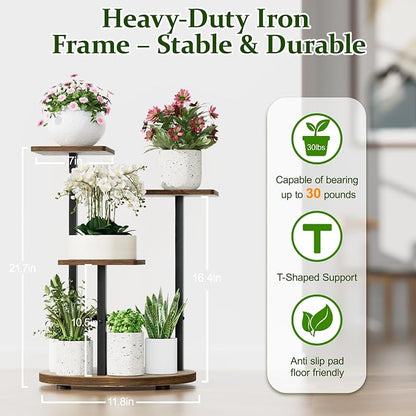 3 Tier Wood Plant Stand Indoor Outdoor, Wood Tall Plant Rack, Heavy Duty Wrought Iron Flower Pot Stand, Planter Display Rack for Living Room Balcony Garden Patio - BlackSquare