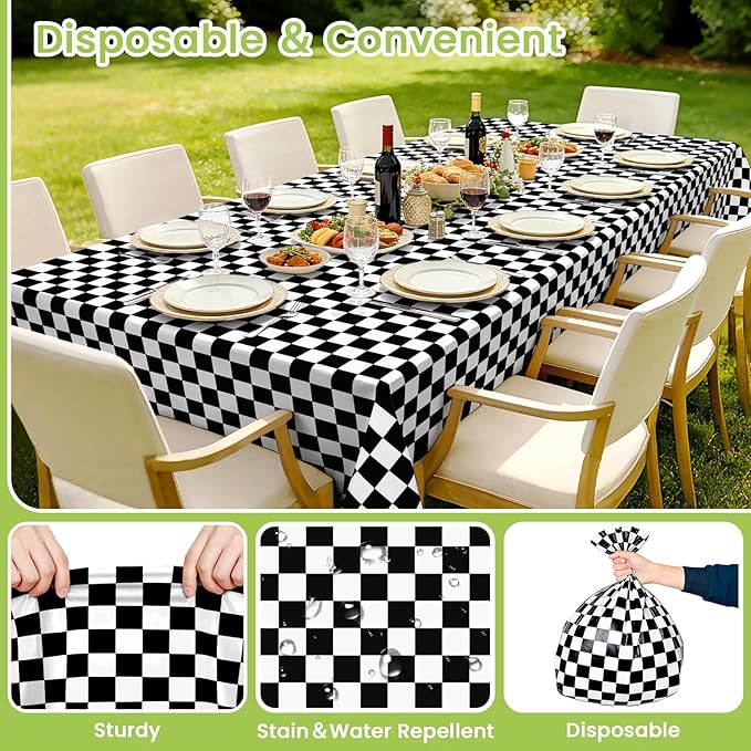 Mulbozy 4 Pcs Black and White Checkered Tablecloths, 54 × 108 Inches Black Checkered Flag Tablecover, Disposable Plastic Gingham Table Cover for Picnic, Truck, Race Car Birthday Party Supplies