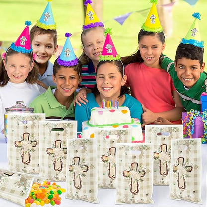ANGOLIO 50Pcs White Floral God Bless Party Favor Bags Waterproof Baptism First Communion Goodie Bags with Handles Religious Christian Cross Candy Treat Gifts for Kid Easter Birthday Party Baby Shower