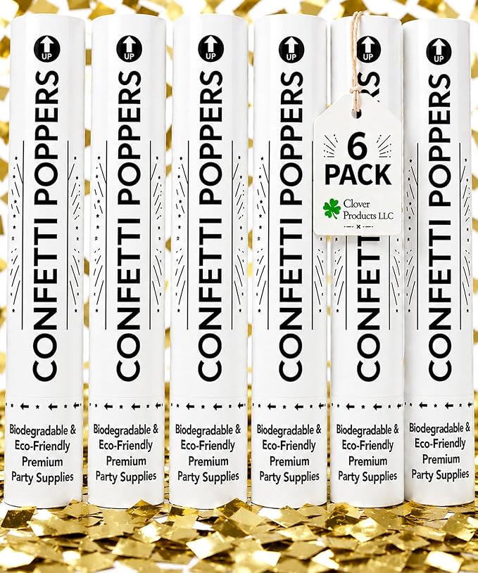 Clover Products 12" Confetti Cannons – 6 Pack Gold Mylar Confetti Poppers | Air-Powered Party Poppers | Shoots 25 Feet | Safe for Indoor & Outdoor | Perfect for Weddings, Birthdays & Events