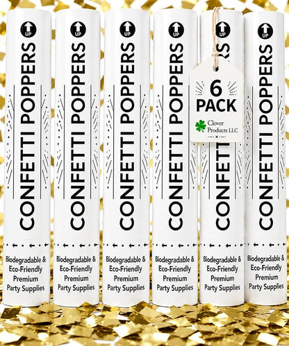 Clover Products 12" Confetti Cannons – 6 Pack Gold Mylar Confetti Poppers | Air-Powered Party Poppers | Shoots 25 Feet | Safe for Indoor & Outdoor | Perfect for Weddings, Birthdays & Events
