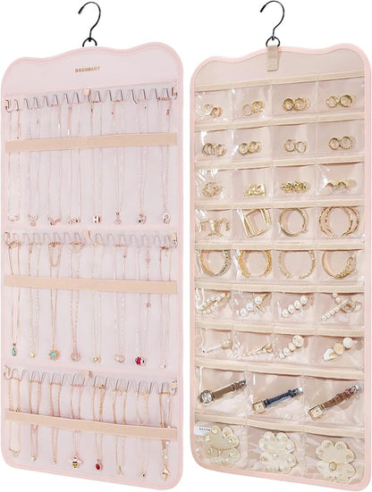BAGSMART Hanging Jewelry Organizer Storage with Hanger Metal Hooks Double-Sided Jewelry Holder for Earrings, Necklaces, Rings on Closet, Wall, Door, 1 piece Large Pink