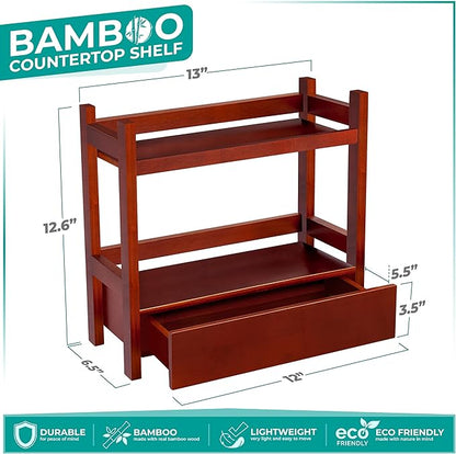 Sorbus Bamboo Bathroom Counter Organizer – 2-Tier Shelf with Hidden Drawer for Vanity, Matcha Station, Bathroom Sink Organizer Countertop, Kitchen & Office Storage (13″ L x 6.5″ W x 12.6″ H) (Brown)