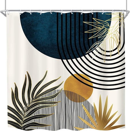 KOMLLEX Mid Century Blue Boho Shower Curtain 72Wx72L Inches Abstract Modern Blue Shower Curtains for Bathroom Decor Plant Botanical Minimalist Arch Sun Fabric Liner Waterproof Polyester 12 Pack Hooks