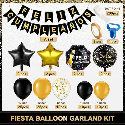 Lunmon 98 Pcs Feliz Cumpleaños Decorations for Men Women Spanish Birthday Decoration Black and Gold Party Decorations Kit Feliz Cumpleaños Banner Black and Gold Balloons for Birthday Party Supplies