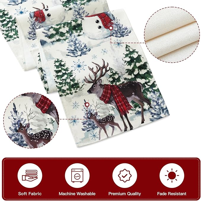 Artscope Reindeer Snowman Christmas Tree Table Runner, Xmas Winter Snowflakes Holiday Kitchen Dining Table Decoration for Christmas Home Party Decor 13x36 Inch-Beige