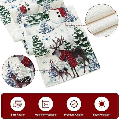 Artscope Reindeer Snowman Christmas Tree Table Runner, Xmas Winter Snowflakes Holiday Kitchen Dining Table Decoration for Christmas Home Party Decor 13x36 Inch-Beige