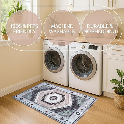 Fame Living Washable Area Rug. Modern Farmhouse. Vintage. Turkish. Bohemian. Distressed. Oriental. Traditional. Rugs for Living Room. Dining. Bedroom. Office. Entryway. (856BlckGry, 2'5" x 4'9")