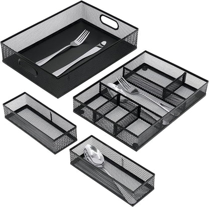 Neudeco Desk Drawer Organizer, 4 Pack Metal Mesh Drawer Organizer Set with Adjustable Dividers, Stackable Pen Organizer for Desk Drawer, Office Supplies Organizer, Black