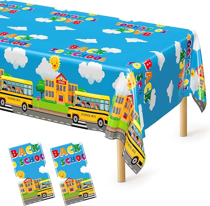 Back to School Supplies, 2 PCS 108 x 54 Inches First Day of School Tablecloth, Disposable Colorful Welcome Back to School Plastic Rectangle School Bus Pattern Tablecover for Preschool Party Decoration