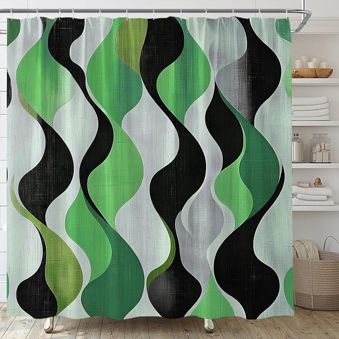 Mid Century Shower Curtain Boho Minimalist Modern Abstract Aesthetic Geometric Striped Atomic Retro Earthy Fabric Bathroom Decor Set with Hooks(70" WX70 H)