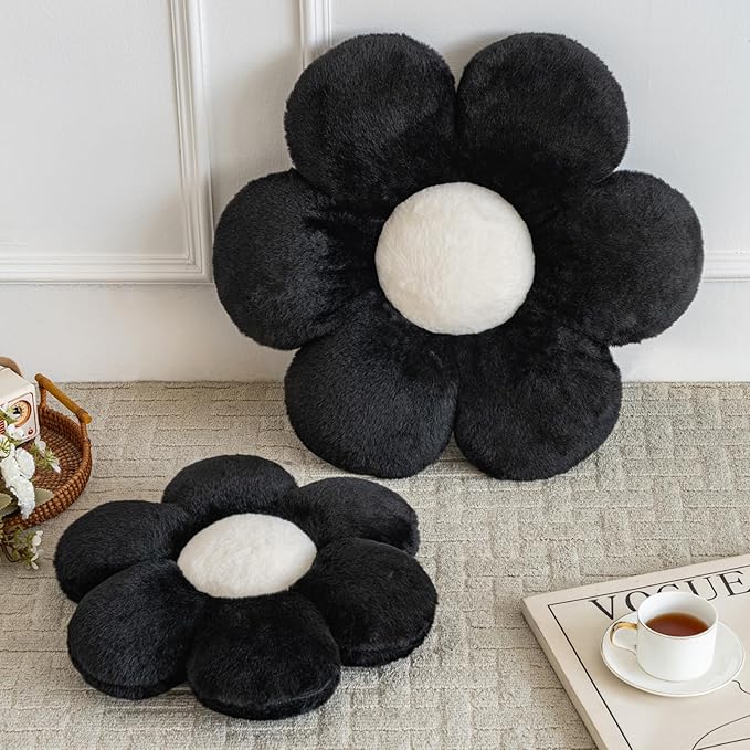 Flower Pillows, Decorative Pillows for Couch, Cute Daisy Pillow for Bed, Flower Shaped Decorative Throw Pillow Room Decor (Black, 14.9 Inches)