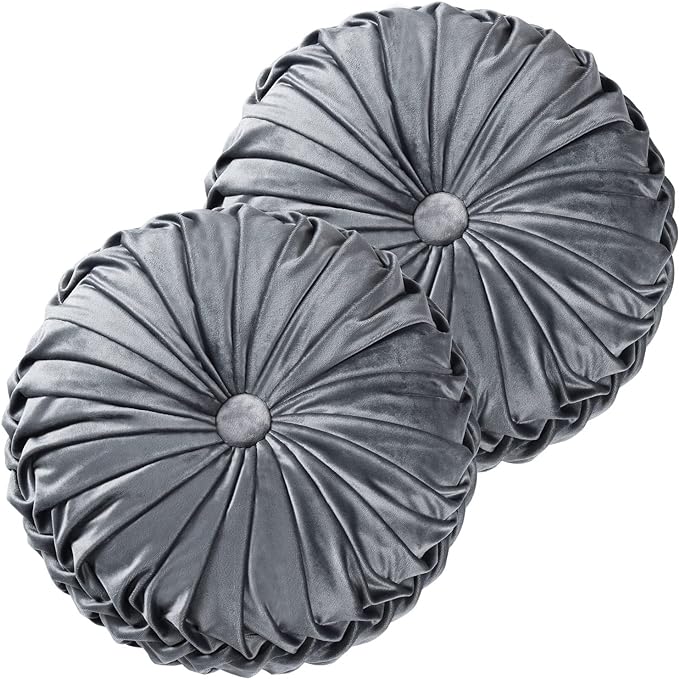 HIG Set of 2 Decorative Round Pleated Throw Pillows, Classy Accent Pumpkin Throw Pillows with Center Button, Vintage Velvet Floor Pillows for Sofa Vanity Chair Bed, Dark Gray, 14.5" Diameter(Ripple)