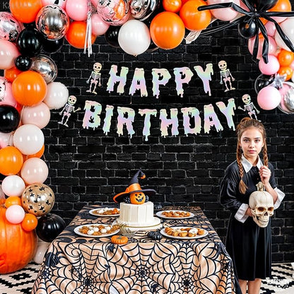 KatchOn, Iridescent Silver Halloween Happy Birthday Banner Decorations - 10 Feet, No DIY | Spooky Birthday Decorations | Halloween Decorations Indoor | Spooky Happy Birthday Banner