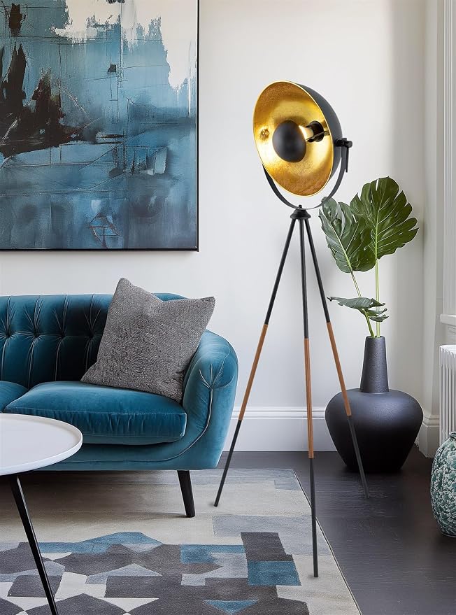 Kira Home Sulis 58" Modern Tripod Floor Lamp with Gold Foil Satellite Shade, Mid-Century Industrial Cinema Light with 9W LED Bulb and Leather Accents Legs, Black Finish
