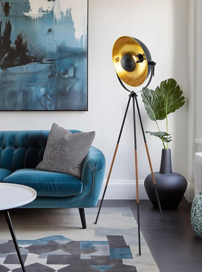 Kira Home Sulis 58" Modern Tripod Floor Lamp with Gold Foil Satellite Shade, Mid-Century Industrial Cinema Light with 9W LED Bulb and Leather Accents Legs, Black Finish