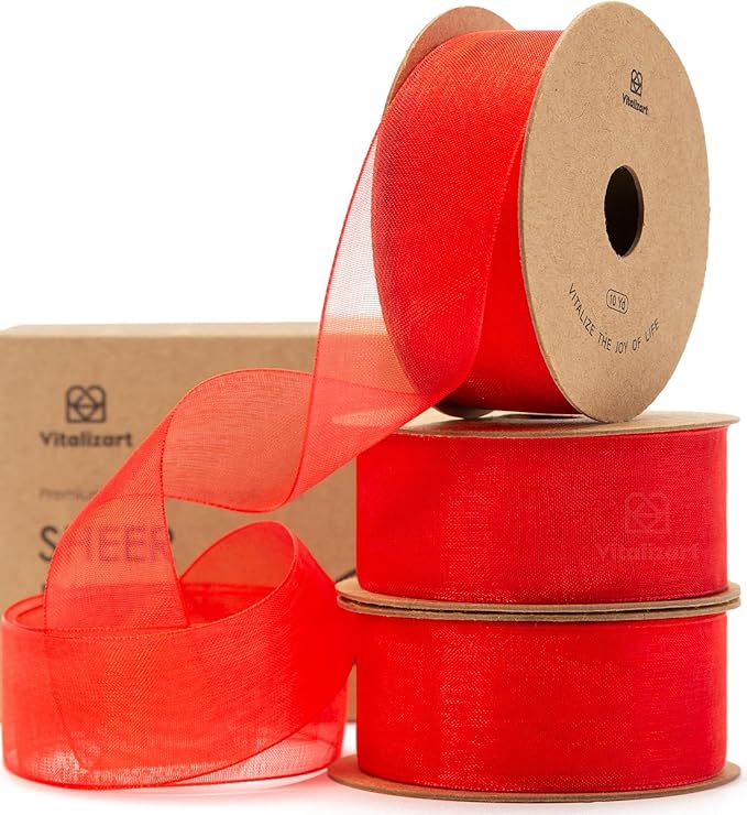 Vitalizart Red Organza Ribbon for Gift Wrapping 1 inch x 30 Yd Extra Density Sheer Fabric Christmas Card Supplies Crafts Bows Tree Decor Wedding Wreaths Wrap 3 Rolls x 10 Yd