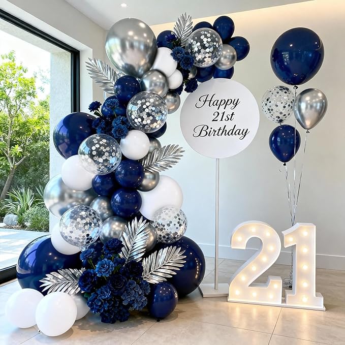 Navy Blue and Silver Balloons Arch Kit,Blue and Silver Balloons,Silver Confetti White Balloons Arch for Graduation Ceremony, Birthday New Year Party Decorations