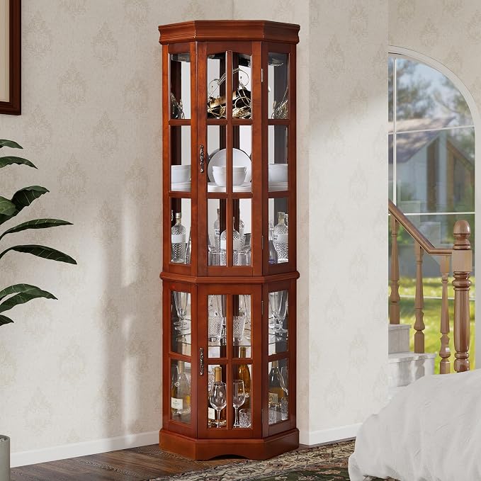 Corner Curio Cabinet with Lighting System, Adjustable Tempered Glass Shelves