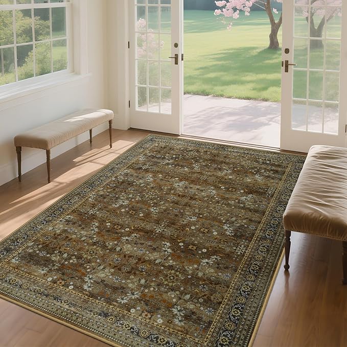 Large 8x10 Washable Area Rug for Living Room, No Shedding Vintage Floral Print Rugs Non Slip, Indoor Foldable Thin Retro Accent Carpet for Bedroom Farmhouse Dining Room Brown/Yellow