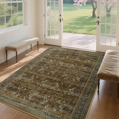 Large 8x10 Washable Area Rug for Living Room, No Shedding Vintage Floral Print Rugs Non Slip, Indoor Foldable Thin Retro Accent Carpet for Bedroom Farmhouse Dining Room Brown/Yellow