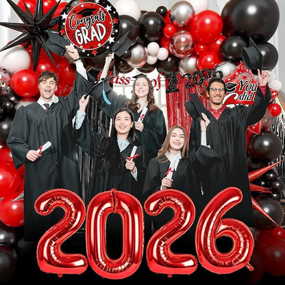 Red and Black Graduation Decorations with Fringe Curtain Banner Metallic Silver Confetti Black Red White Balloons for Graduation Decorations 2026