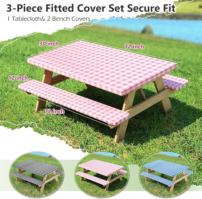 Picnic Table Cover with Bench Covers and Bag, Camping Table Camping Essentials Cover with Elastic Edges(Pink)