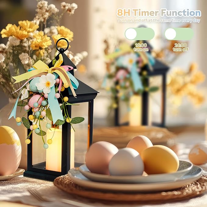 Easter Lanterns Decorative Indoor & Outdoor, 14 Inch Black Candle Lanterns with Timer Waterproof, Hanging Spring and Easter Lantern Decor for Home, Table, Porch, Patio, 2 Pack