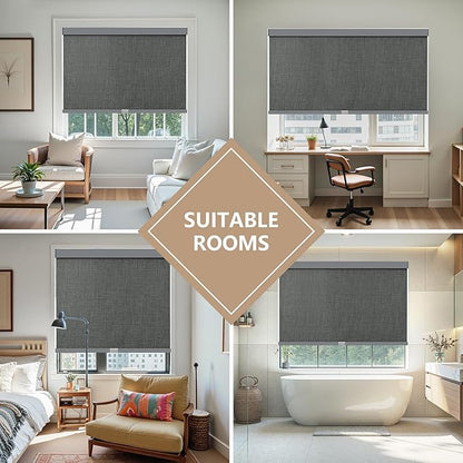 AOSKY Linen Roller Blinds Shades for Indoor Windows Pull Down Cordless Blackout Black Out Window Shade 50 Inch Blinds for Home Dark Grey