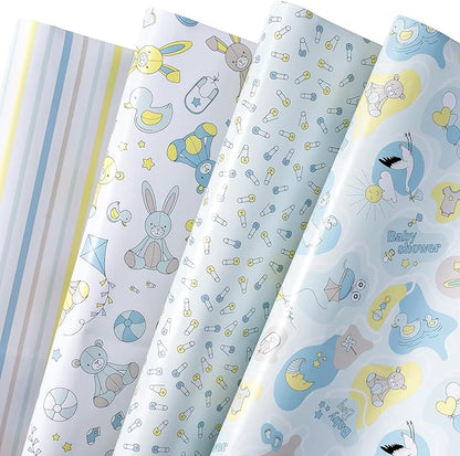 WRAPAHOLIC Baby Boy Wrapping Paper Sheet - 12 Sheets Cute Bear and Small Pin Design Folded Flat for Baby Showers, Celebration, Party - 19.7 Inch x 30 Inch Per Sheet