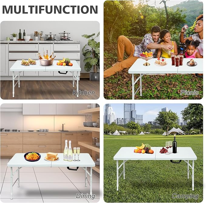 Portable 4Ft Folding Table, Heavy Duty Plastic Fold-in-Half Utility Foldable Table Small, Adjustable Height Plastic Folding Table with Carrying Handle for Camping & Party Indoor/Outdoor(White)