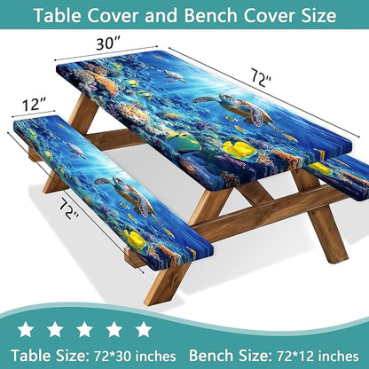 Picnic Table Cover with Bench Covers, Camping Essentials, Ocean Underwater World Table Cover, Fitted Camping Tablecloth Windproof Waterproof with Elastic Edge for Indoor Outdoor Patio 3PCS 30x72 Inch