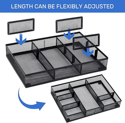 Neudeco Desk Drawer Organizer, 4 Pack Metal Mesh Drawer Organizer Set with Adjustable Dividers, Stackable Pen Organizer for Desk Drawer, Office Supplies Organizer, Black