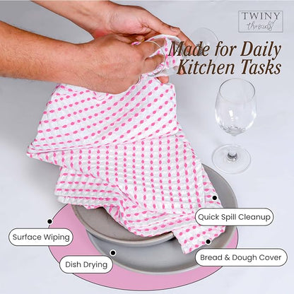 TWINY threads Multicolors White Waffle Towels 4 Pack, 16x26 Inches Absorbent Waffle Weave Kitchen Dish Cloth Set, Soft, Durable & Machine Washable Tea Towel, Rose Pink, Aqua Blue, Lavender, Green