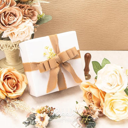 Ribbli 3 Rolls Beige Ribbon 1 Inch x 18 Yards Ivory Nude Khaki Handmade Cotton Frayed Fringe Ribbons for Gift Wrapping Wedding Invites Bridal Bouquets Baby Shower DIY Crafts Home Decor