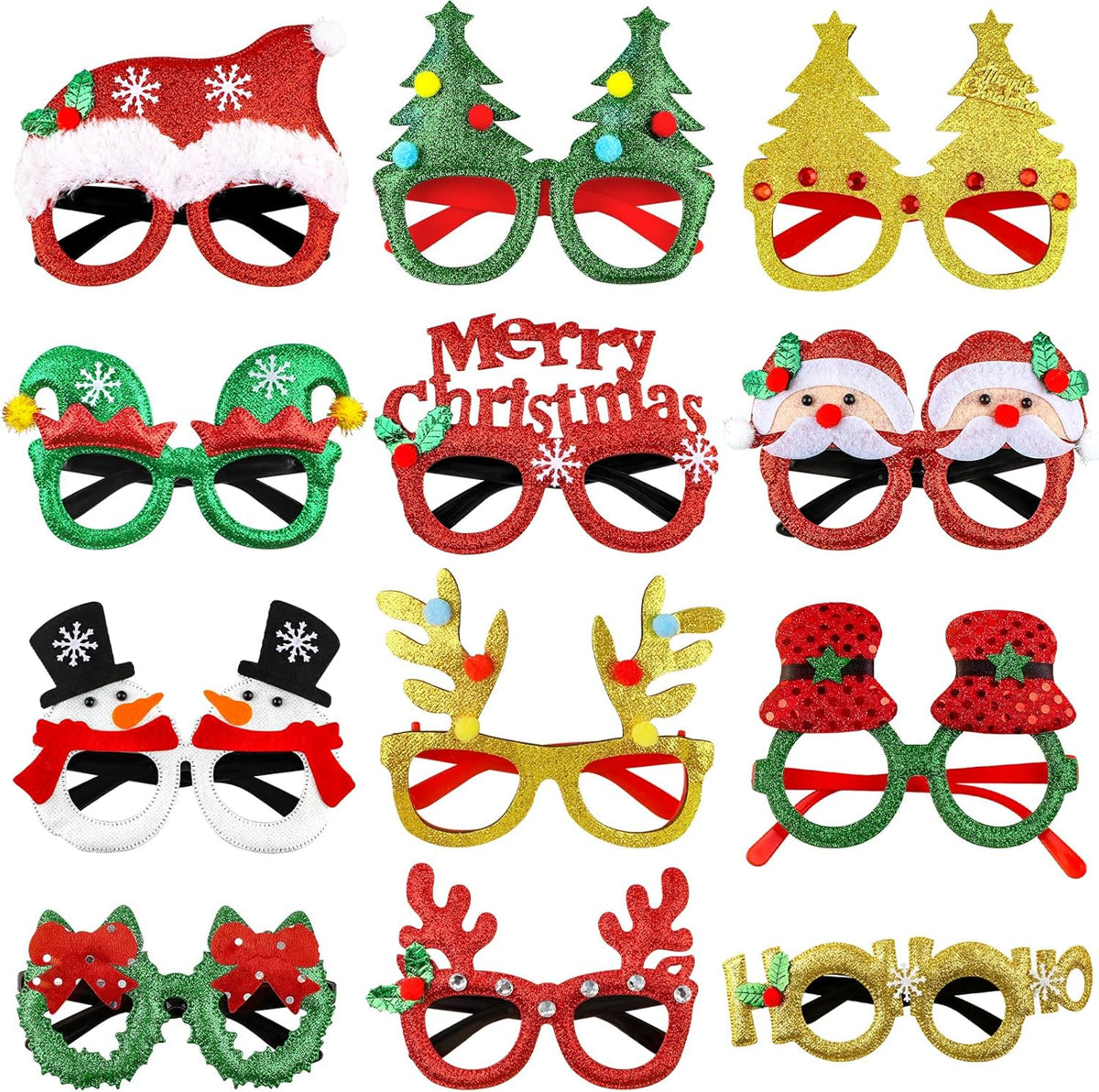 Yunfan 12pcs Christmas Glasses Glitter Party Glasses Frames Xmas Costume Eyeglasses for Cosplay Party Favor Photo Booth (One Size Fits All)